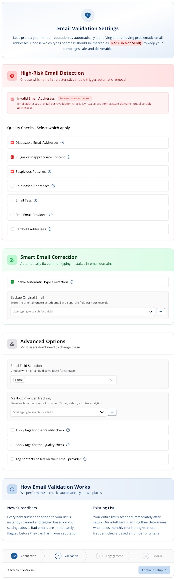Configuration interface for customizing email validation and scan rules