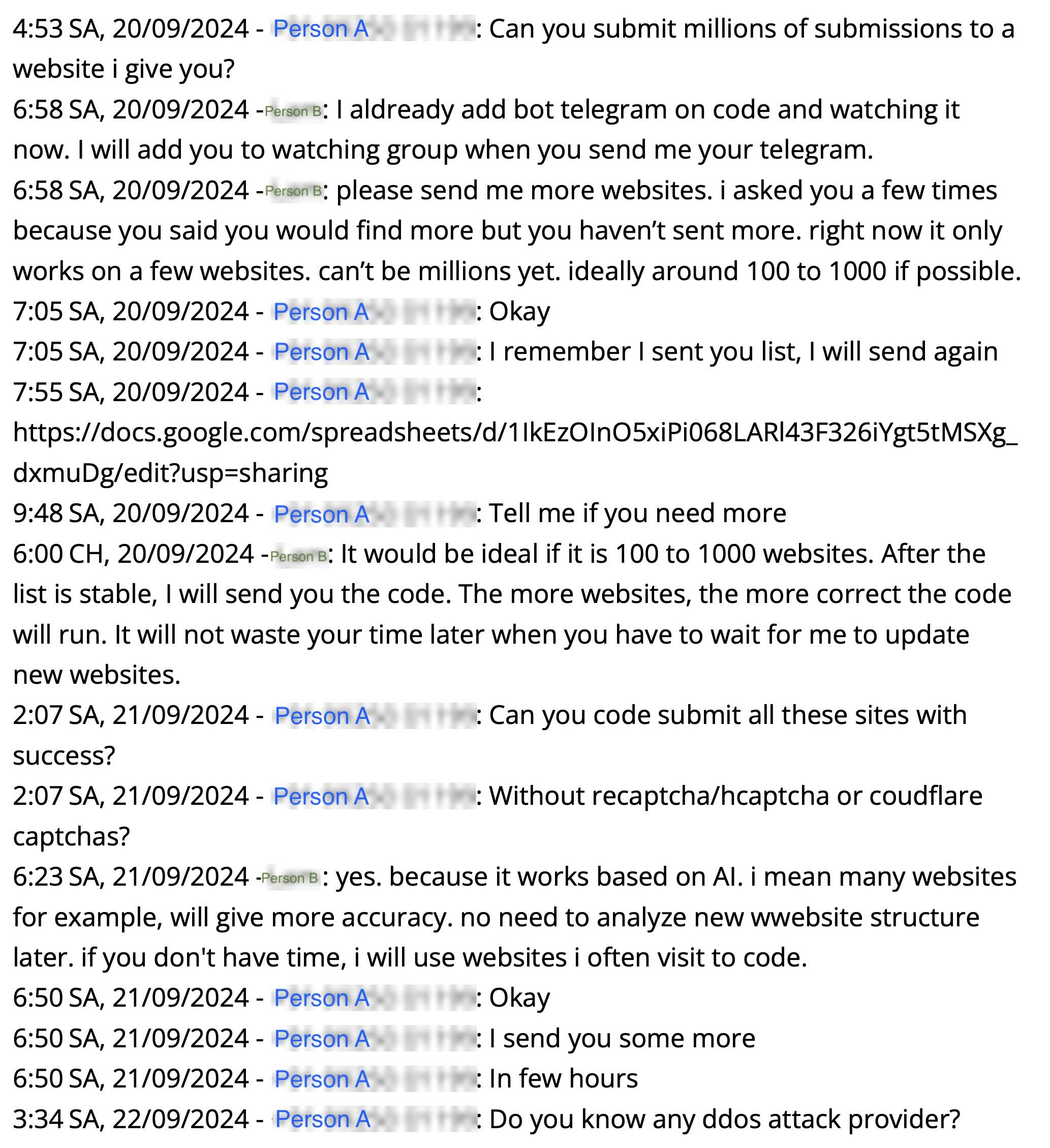 Chat between Idea Squad Inc and Masu Pi discussing malicious activity